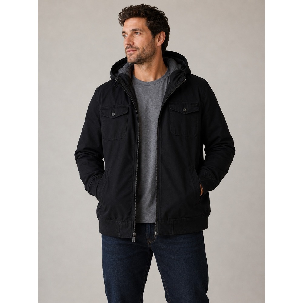 Nixon Mens XL Black Hooded Field Jacket Canvas Zip Up Utility Bomber Coat